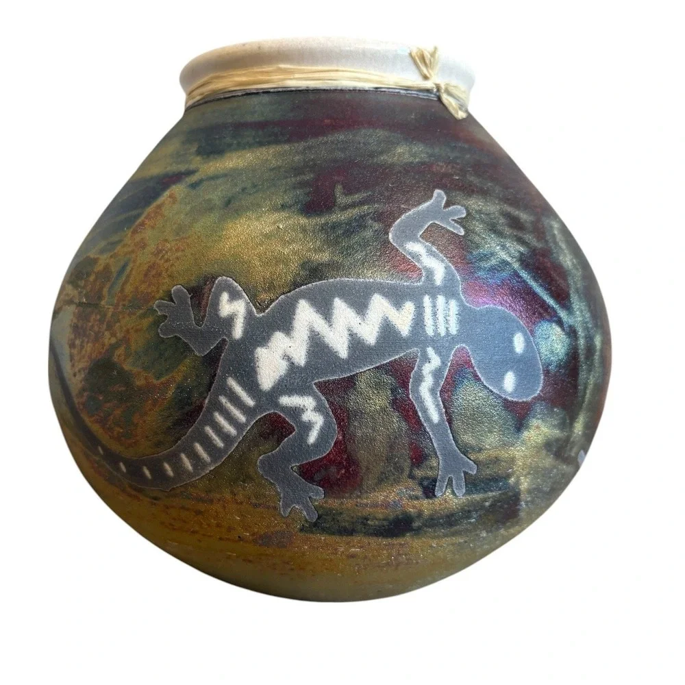 Jeremy Diller Southwest Dream Raku Pottery Lizard Vase Iridescent Hand Thrown 8